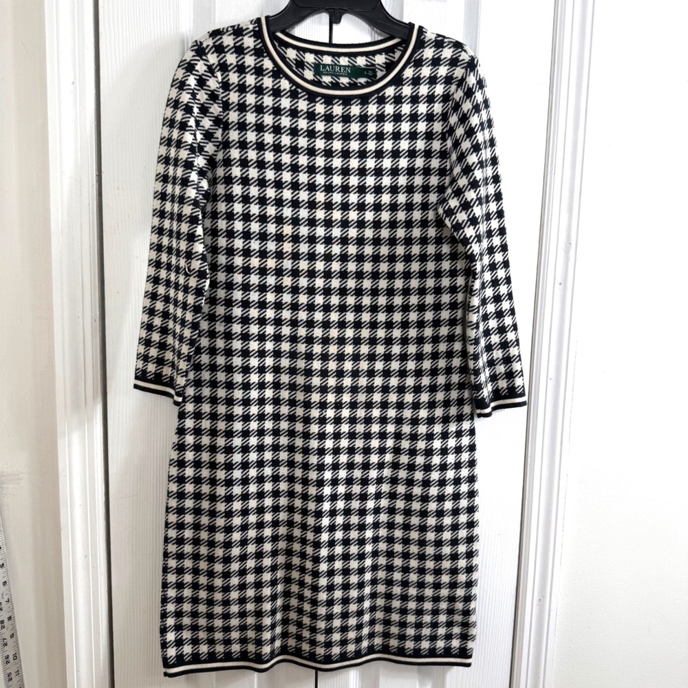 Lauren Ralph Lauren Houndstooth Knit Dress S Black Cream Classic Dark Academia